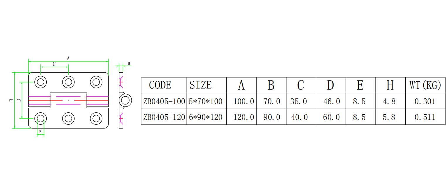 ZB0405 三段六孔合页-尺寸图