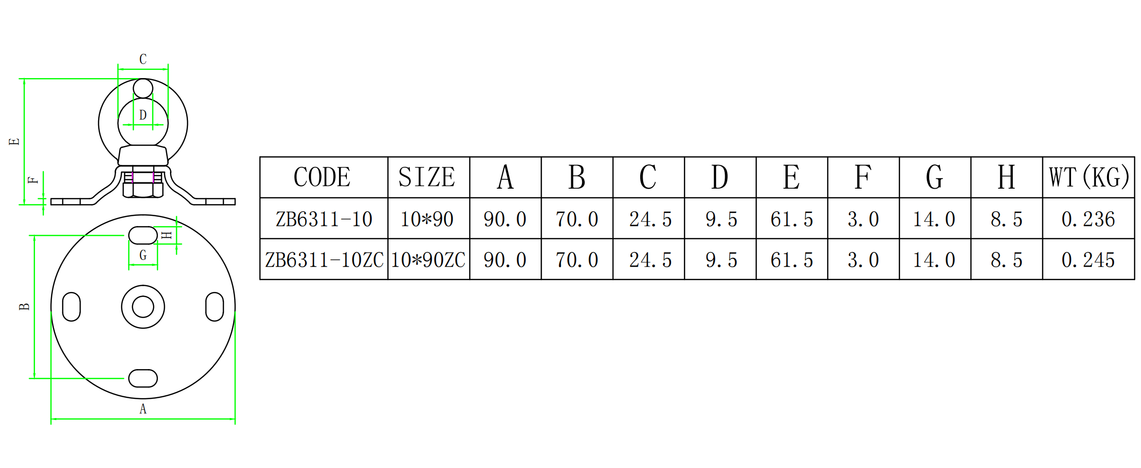ZB6311旋转4孔圆门扣-尺寸图