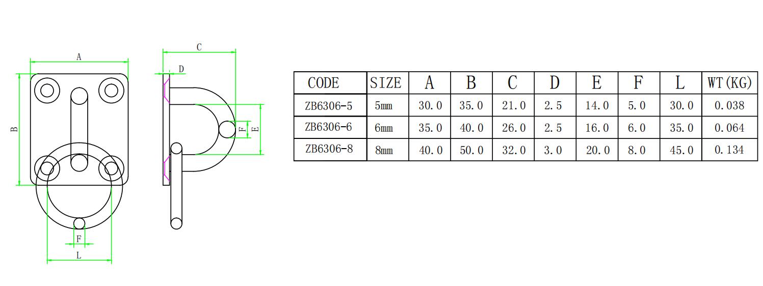 ZB6306带环형식门扣-尺寸简图