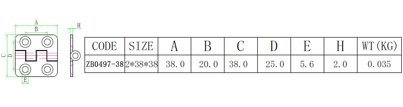 ZB0497 冲压방형 4孔합页-尺寸图